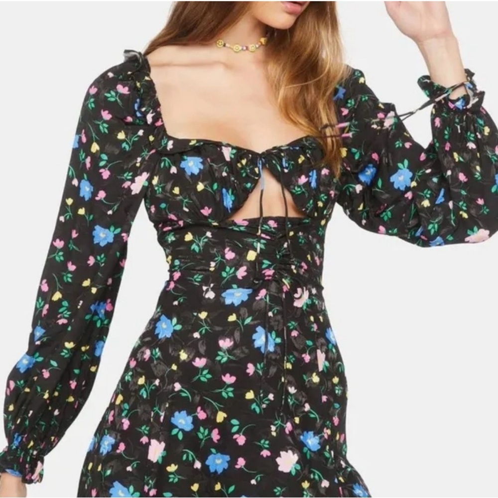 NWT For Love And Lemons Lexi Black Floral Long Sleeve Dress Size XS, S